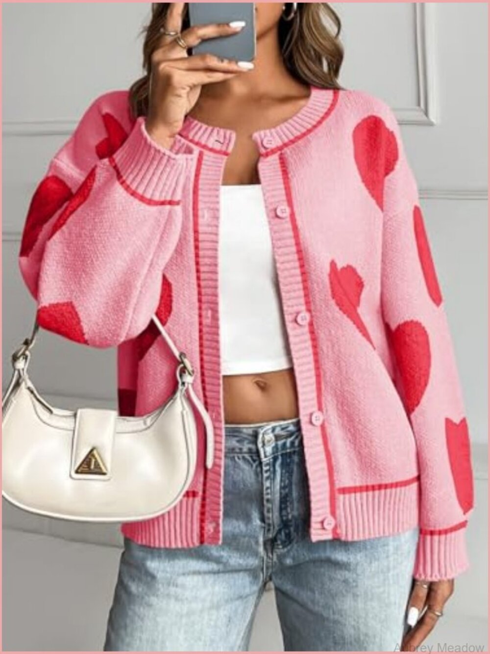 Women's Chunky Knit Heart Cardigan Sweater Crewneck Long Sleeve Button Down - Picture 2 of 6